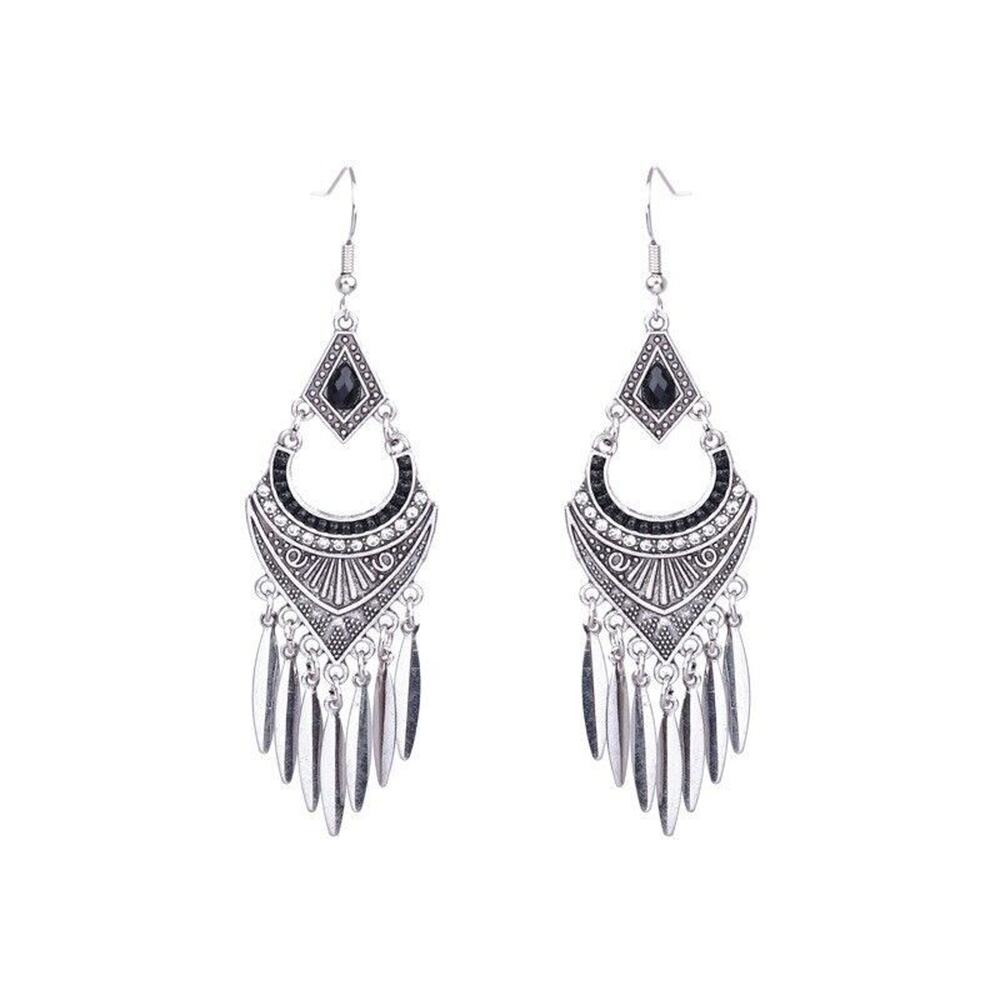 Silver Ethnic Arrow Aztec Style Geometric Tassel Alloy Drop Earrings Boho Oval‎ - Picture 3 of 5